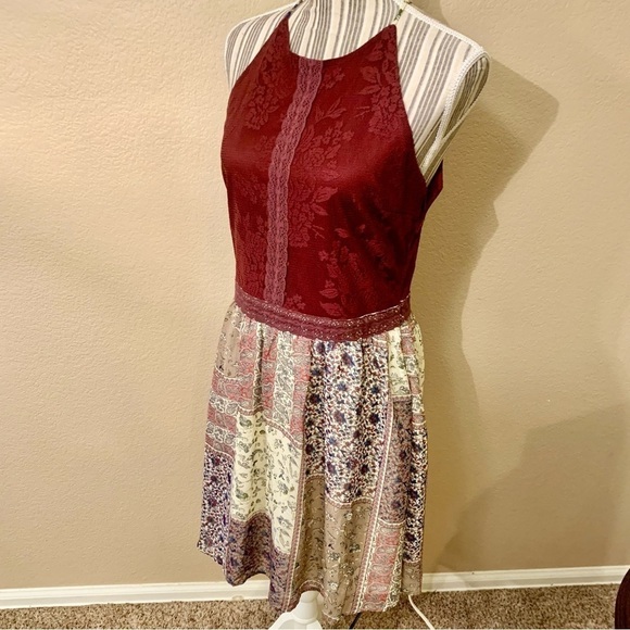 Doe & Rae Mini Dress Large Burgundy Floral Lace Patchwork Skirt Ivory Boho Flowy - Picture 7 of 16